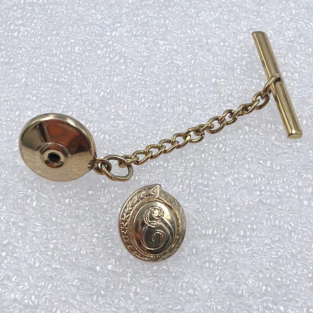 Vintage Gold Tone Initial E Monogram Tie Tack Chain Ornate Retro Mens Luxury